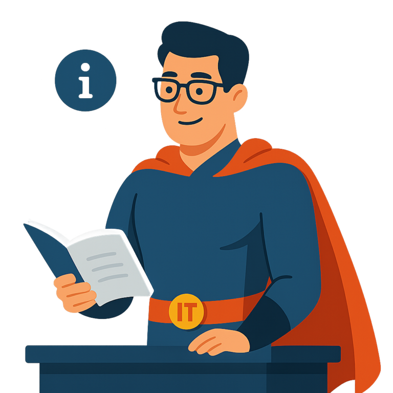 The IT Business Hero character reading at a lectern, illustrating the IT resources library
